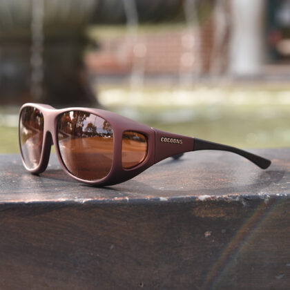 Burgundy Cocoons fitover sunglasses with copper lenses